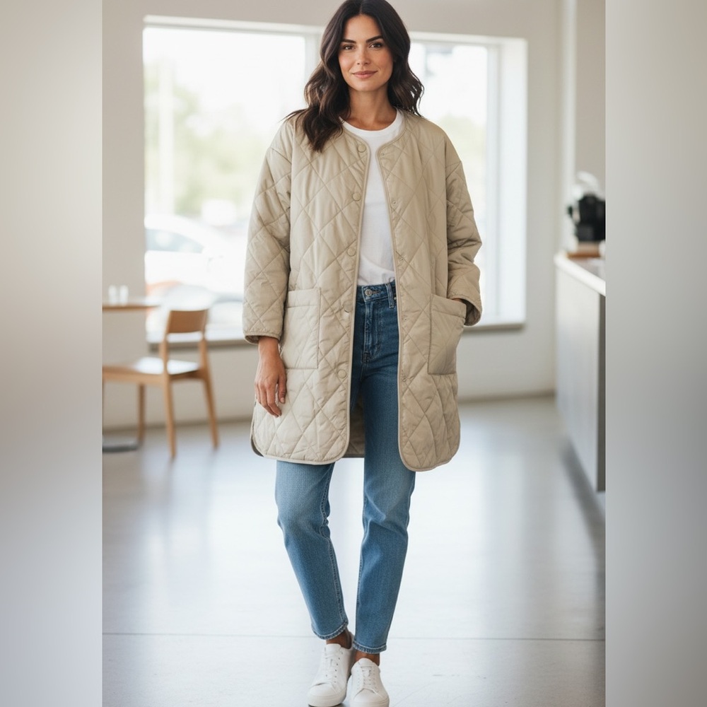 Michael Stars Sonnet Quilted Coat Snap Front Jacket Lightweight Beige Womens